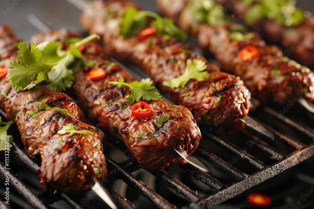 Beef kebab with fresh garnish satisfies. Grilled meat skewers with herbs and spices Beef kebab with fresh garnish satisfies. Grilled meat skewers with herbs and spices
