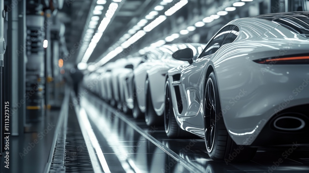 A row of sleek, modern cars in a well-lit industrial setting. A row of sleek, modern cars in a well-lit industrial setting.
