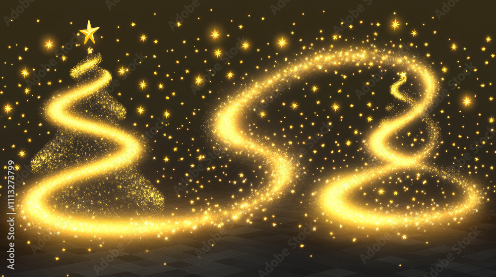 Realistic set of spiral light Christmas trees isolated on transparent background. Vector cartoon illustration of golden xmas swirls decorated with yellow stars and shimmering particles. Holiday decor Realistic set of spiral light Christmas trees isolated on transparent background. Vector cartoon illustration of golden xmas swirls decorated with yellow stars and shimmering particles. Holiday decor