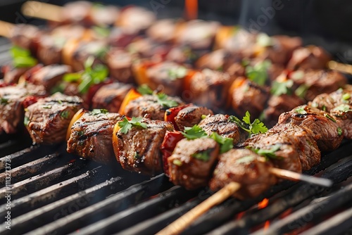 Beef kebab with fresh garnish satisfies. Grilled meat skewers on barbecue grill photo