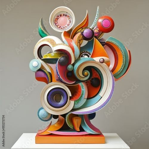 Abstract colorful layered wooden sculpture.