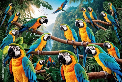 Colorful Tropical Rainforest Full of Parrots and Vibrant Wildlife photo