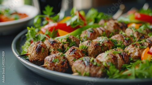 Beef kebab with fresh garnish satisfies. Grilled meat skewers with fresh vegetables