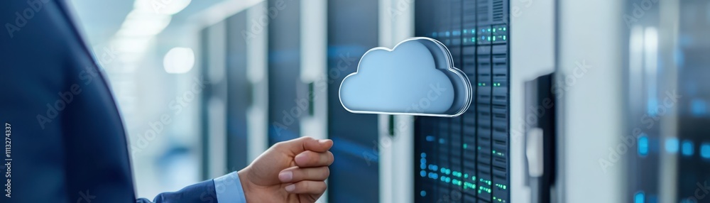 Businessman holds cloud server, symbolizing cloud computing, data storage and network solutions for modern businesses Businessman holds cloud server, symbolizing cloud computing, data storage and network solutions for modern businesses
