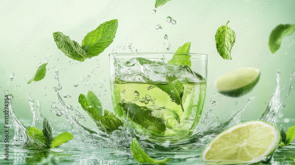 Splash of green tea with mint, matcha isolated on transparent background. Vector realistic set of liquid waves of falling and flowing water, menthol drink, cold tea with peppermint leaves