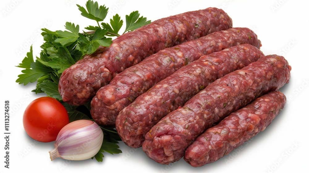 Beef kebab with fresh garnish satisfies. Fresh sausages with herbs and vegetables Beef kebab with fresh garnish satisfies. Fresh sausages with herbs and vegetables