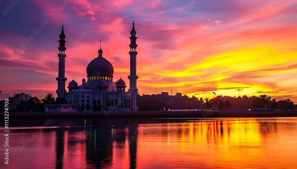 Fototapeta premium Beautiful mosque reflecting in sunset water. Suitable for travel brochures, cultural websites, Ramadan or Eid themed designs