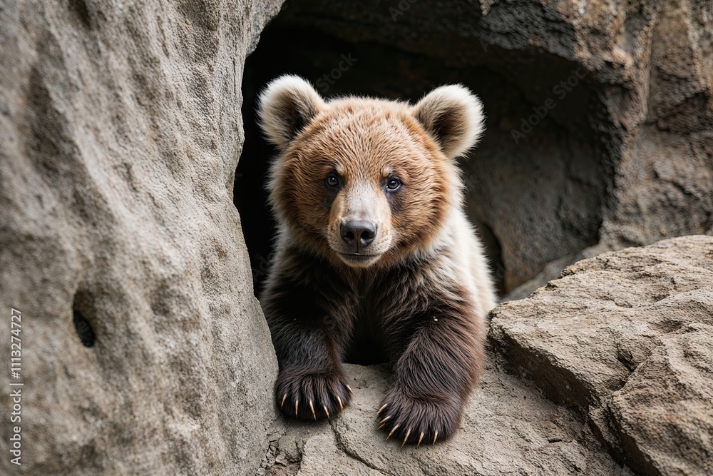 Curious Bear Cub with Fluffy Ears Peeking from Rocky Cave Wall Curious Bear Cub with Fluffy Ears Peeking from Rocky Cave Wall