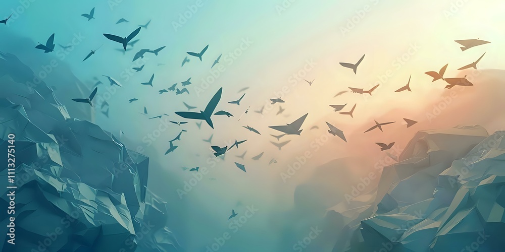Concept of freedom depicted through open space, flying birds, and expansive landscape.