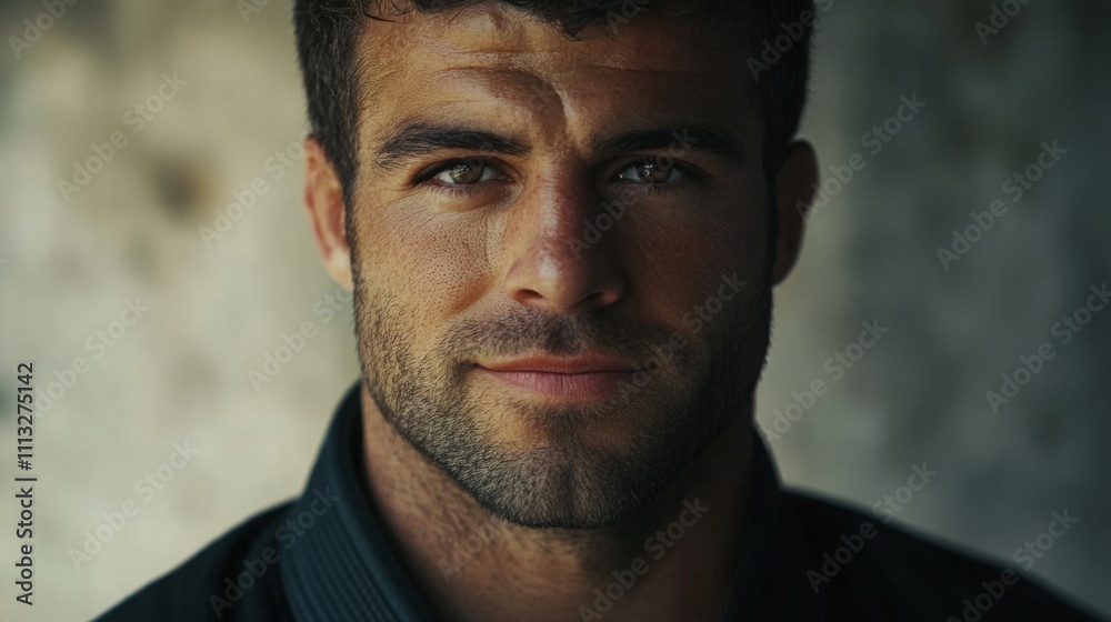 A young man with a strong jawline and captivating gaze stands outdoors, smiling confidently. A young man with a strong jawline and captivating gaze stands outdoors, smiling confidently.