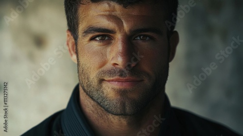 A young man with a strong jawline and captivating gaze stands outdoors, smiling confidently.