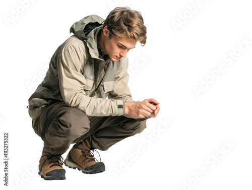 Man is kneeling down and looking at something photo