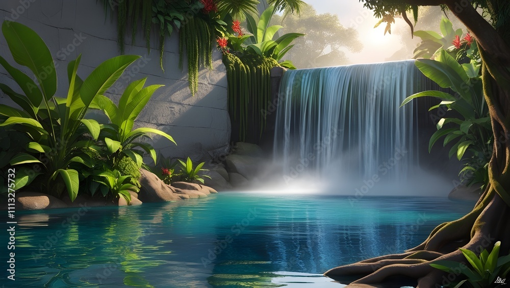/imagine: A tranquil waterfall cascading into a pool of crystal-clear water surrounded by lush green tropical plants --ar 3:2 --v 4 /imagine: A tranquil waterfall cascading into a pool of crystal-clear water surrounded by lush green tropical plants --ar 3:2 --v 4