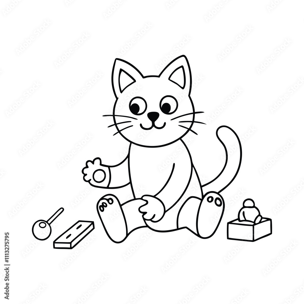 Obraz premium A playful cat surrounded by fun toys like yarn balls, mice, and feathers, ready for coloring! Perfect for kids to spark creativity and enjoy hours of fun!