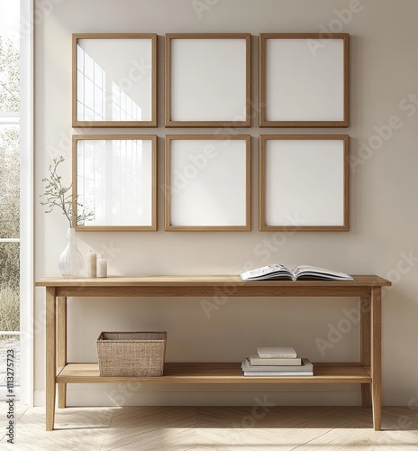 Minimalist Living Room Interior with Wooden Console Table and Blank Picture Frames