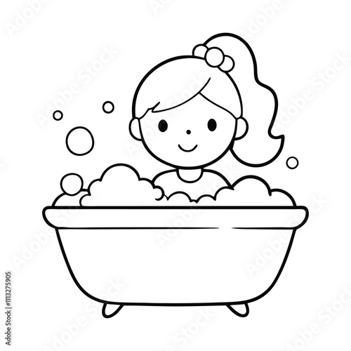 A cute coloring page featuring a cheerful girl taking a bubbly bath in a tub, surrounded by soap, rubber duck, and towels. Perfect for kids to enjoy and get creative!