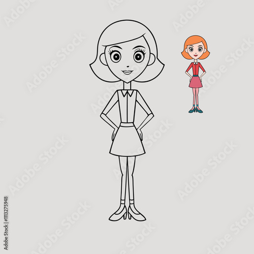 A fun fashion-girl coloring page for kids featuring a stylish young girl in trendy clothes, with accessories like hats, bags, and shoes, ready for a colorful makeover!