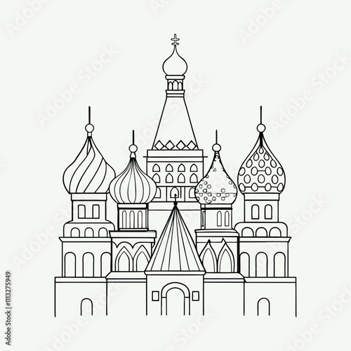 A fun coloring page of Saint Basil's Cathedral in Moscow, featuring its iconic onion domes, intricate patterns, and whimsical design—perfect for kids to explore creativity!