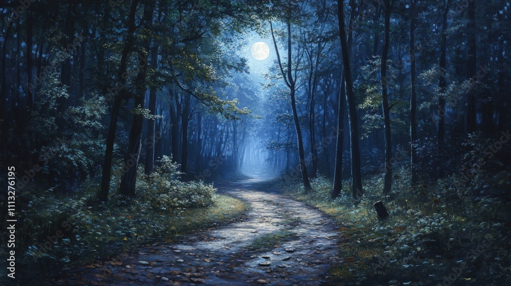Fototapeta premium Moonlit forest path, trees, tranquil scene.