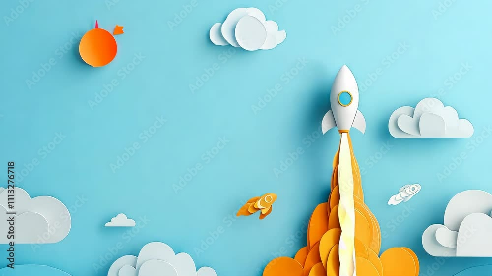 Rocket Launching Through Clouds and Sunlit Sky Journey Beyond Horizon