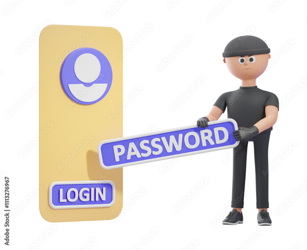 3D illustration of a thief stealing a password from a login page, featuring a yellow panel, isolated on a white background. Concept of cybersecurity. 3D Rendering. 3D illustration of a thief stealing a password from a login page, featuring a yellow panel, isolated on a white background. Concept of cybersecurity. 3D Rendering.