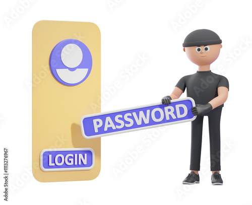 3D illustration of a thief stealing a password from a login page, featuring a yellow panel, isolated on a white background. Concept of cybersecurity. 3D Rendering.