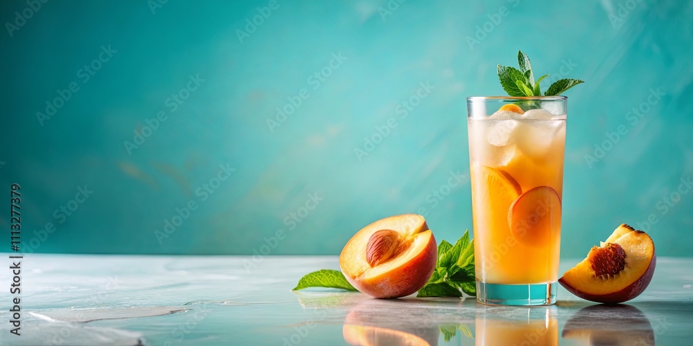 Fototapeta premium Refreshing Peach Iced Tea with Mint Garnish on a Light Blue Surface