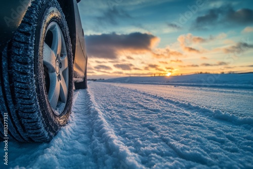 Winter evening drive on a snow-covered road with sunset illuminating the scene