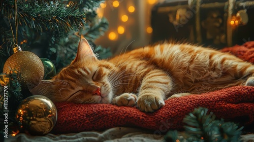 Cozy Cat Sleeping on Christmas Tree Skirt with Soft Holiday Lights photo