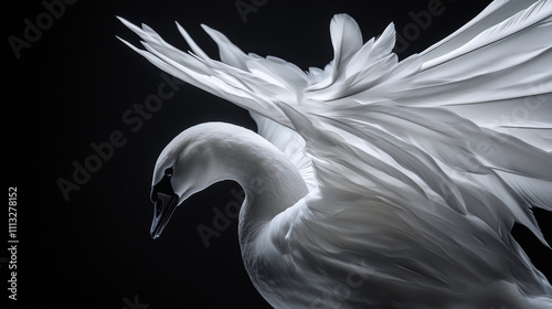 Fototapeta Naklejka Na Ścianę i Meble -  Realistic 3d detailed white swan feathers on a black background. Vector illustration. Falling feathers abstract light composition