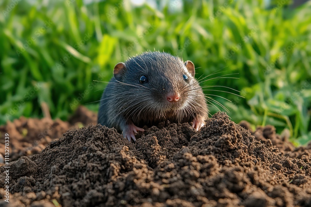 Close Up of European Mole Emerging from Soil in Garden