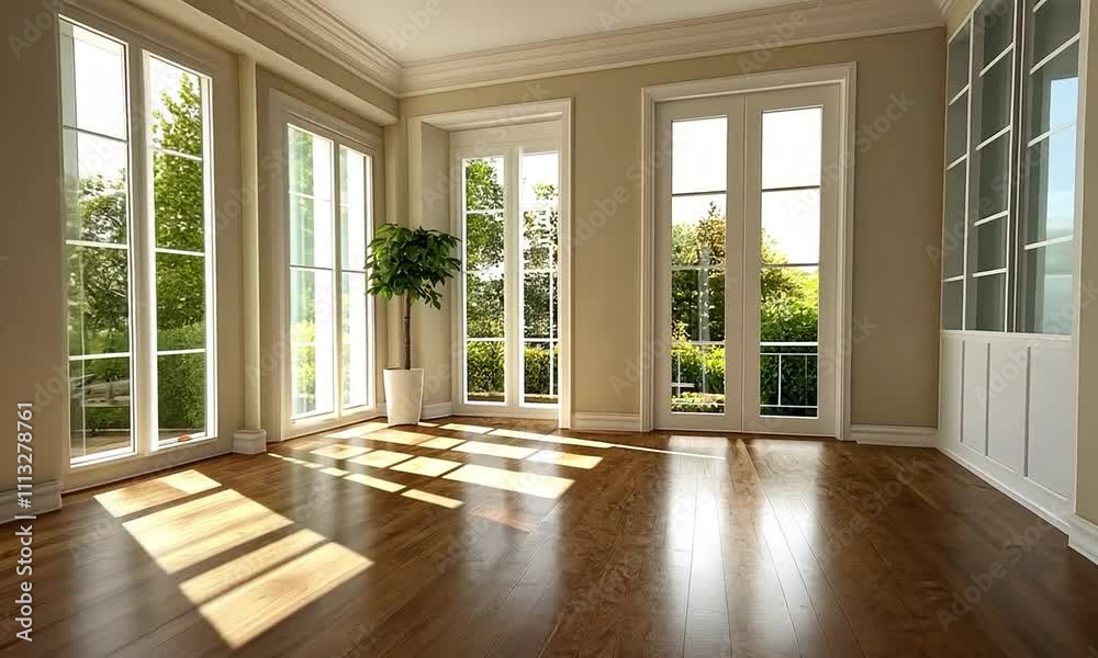 A bright, spacious room with large windows and wooden flooring, showcasing natural light and greenery. A bright, spacious room with large windows and wooden flooring, showcasing natural light and greenery.