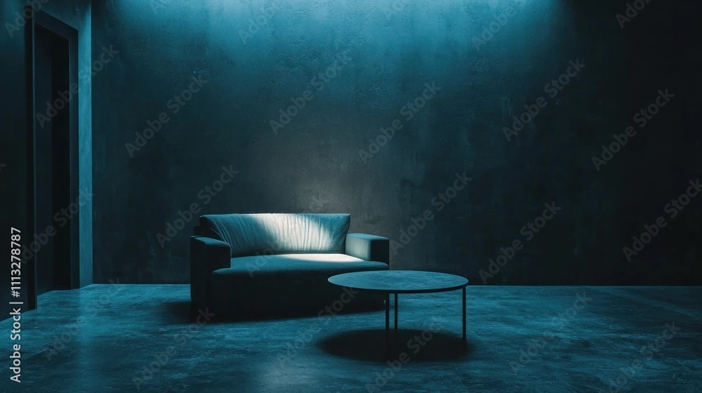 A dark room with only a small light source, casting a soft glow on a table or piece of furniture, enhancing the sense of solitude
