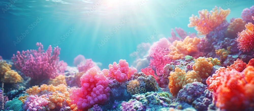Naklejka premium Vibrant underwater coral reef with sunlight filtering through water.