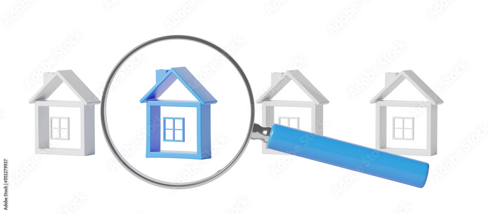 Blue house model under magnifying glass, surrounded by white house models, isolated on white background. Concept of real estate search selection. 3D Rendering. Blue house model under magnifying glass, surrounded by white house models, isolated on white background. Concept of real estate search selection. 3D Rendering.