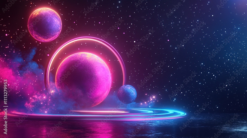 A vibrant cosmic scene featuring colorful planets and glowing rings in a starry background.
