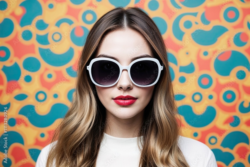 Stunning Young Woman Wearing Oversized Sunglasses in Retro 60s Background Stunning Young Woman Wearing Oversized Sunglasses in Retro 60s Background