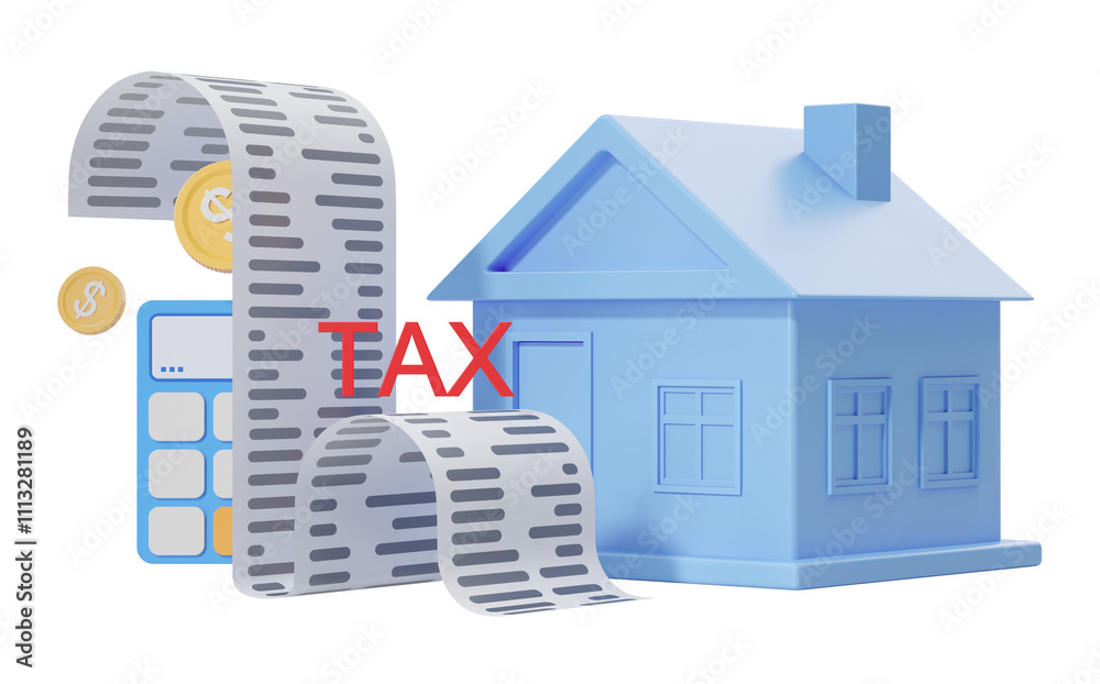 Φωτογραφία House model, calculator, coins, and tax receipt isolated on a white background, displaying a concept of property taxes and financial calculations