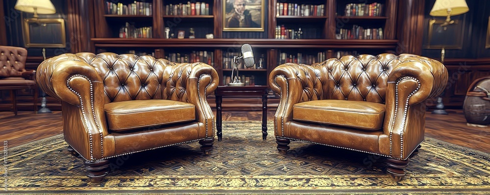 Elegant Leather Armchairs in Cozy Library Setting with Books Elegant Leather Armchairs in Cozy Library Setting with Books