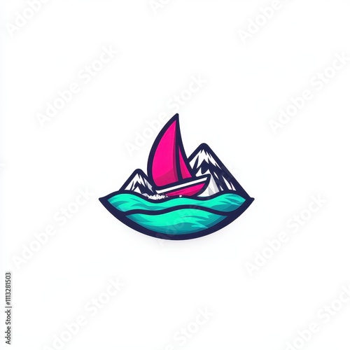 A stylized graphic design of a sailboat on turquoise water with mountains. photo