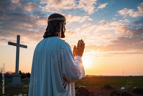 Jesus Christ in Prayer at Dawn Celebrating Easter and Good Friday with Faith and Hope photo