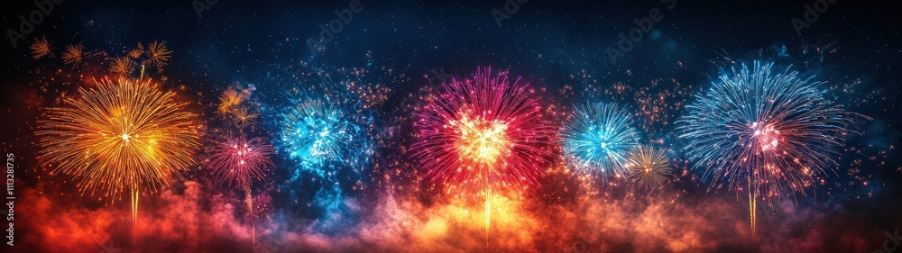 Fototapeta premium Fireworks Display Night Sky Celebration Independenc Day New Year Banner Background Red White Blue