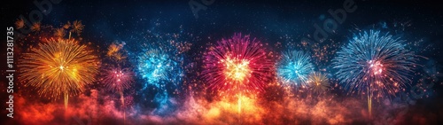 Fireworks Display Night Sky Celebration Independenc Day New Year Banner Background Red White Blue photo