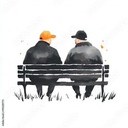 Two figures sit on a bench, one wearing an orange cap and the other in black, evoking themes of friendship and contemplation in a watercolor style. photo