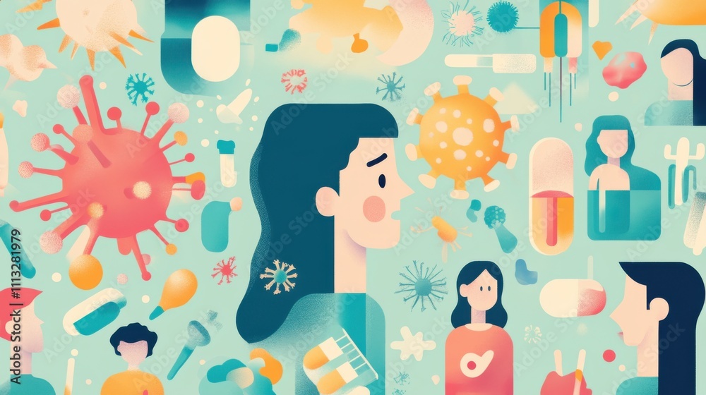 Exploring the impact of health and microbes on human experiences in a colorful digital illustration Exploring the impact of health and microbes on human experiences in a colorful digital illustration