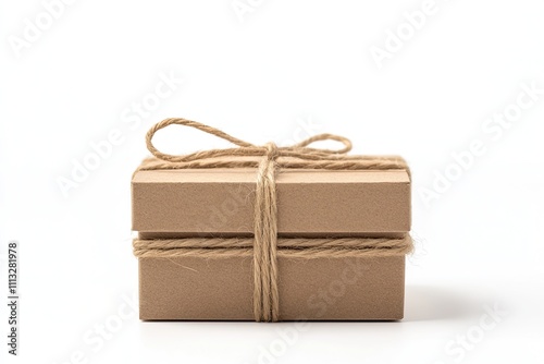 Recycled cardboard gift boxes tied with jute strings isolated on white