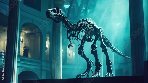 A dramatic view of a dinosaur skeleton in an open display, with soft lighting casting shadows on the bones, creating a mysterious atmosphere.