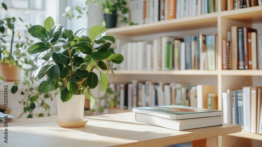 A cozy reading nook featuring a plant and books on a wooden table.