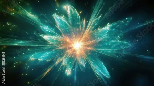 futuristic abstract cosmic explosion dynamic glowing neon teal emerald radial symmetry futuristic space technology