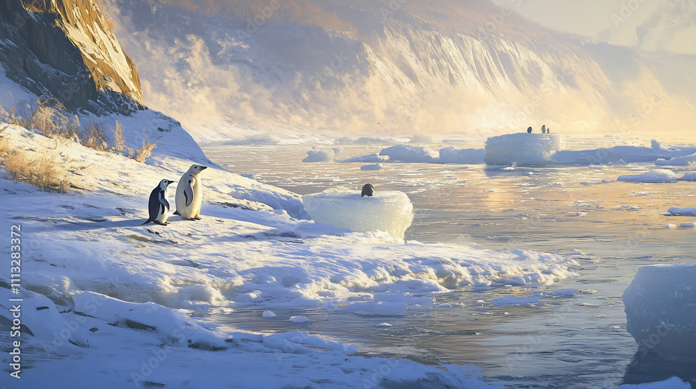 Penguins and Polar Bears Resting on the Ice, Including a Polar Bear on the River, Capturing the Beauty and Challenge of Wildlife in a Harsh Environment Penguins and Polar Bears Resting on the Ice, Including a Polar Bear on the River, Capturing the Beauty and Challenge of Wildlife in a Harsh Environment
